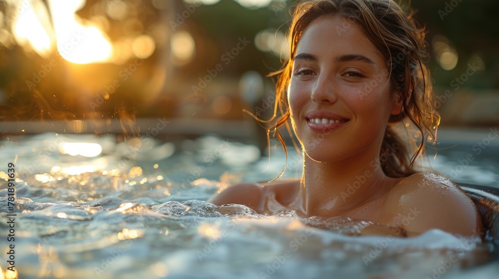 Obraz premium Smiling woman enjoying hot tub at sunset
