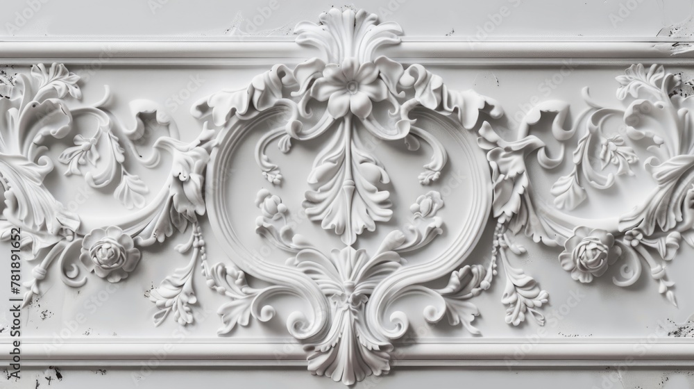Ornate white plaster relief on wall. Classical architecture detail. Ornate white plaster relief on wall. Classical architecture detail.