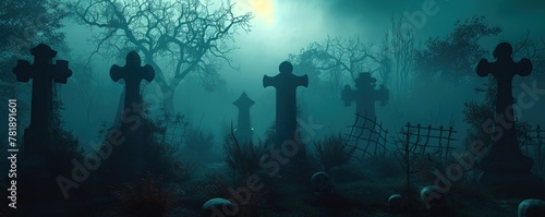 Halloween theme cemetery in the middle of the forest