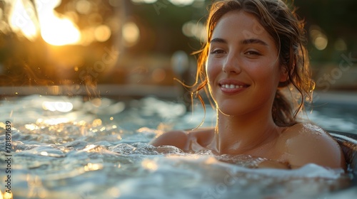 Smiling woman enjoying hot tub at sunset