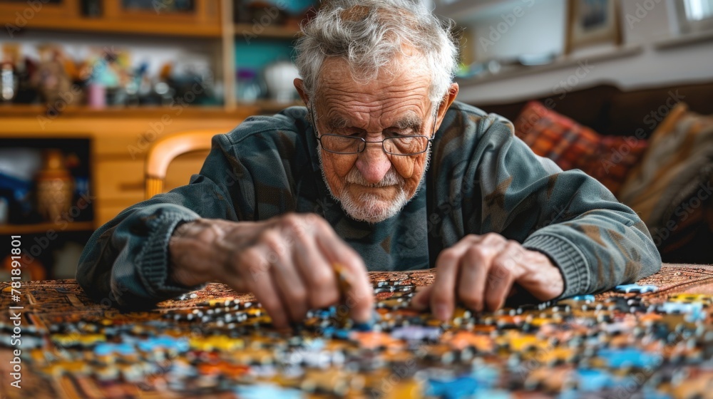 Elderly Man Focused on Assembling Jigsaw Puzzle Indoors Elderly Man Focused on Assembling Jigsaw Puzzle Indoors