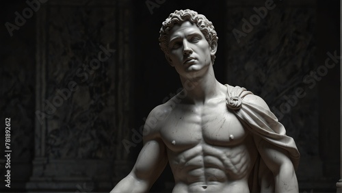 young roman man white smooth marble statue on plain black background from Generative AI