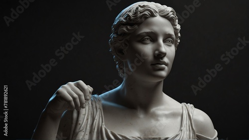 young roman woman white smooth marble statue on plain black background from Generative AI