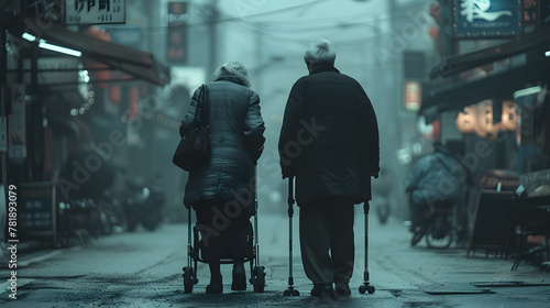 Elderly couple stroll city street in winter night photo