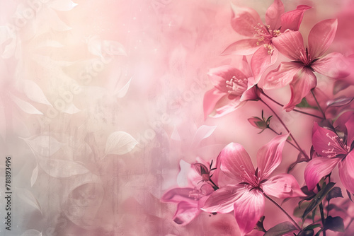 Slide background with colorful pink flowers framing on a painted wall. Background image. Created with Generative AI technology.