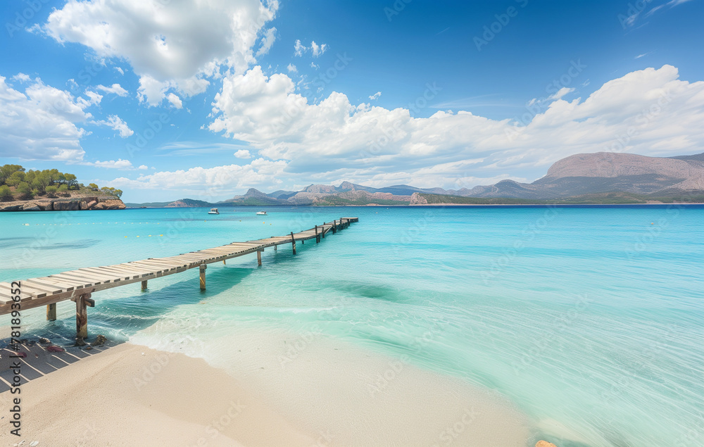 A stunning view of the turquoise waters and white sandy beaches in Mallorca, with clear blue skies above and an old wooden pier extending into them