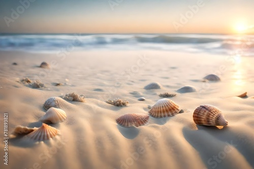 A morning at the seaside, the sands untouched and smooth, with seashells scattered delicately, the