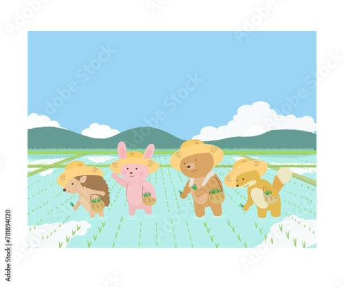 田植えをするかわいい動物たち