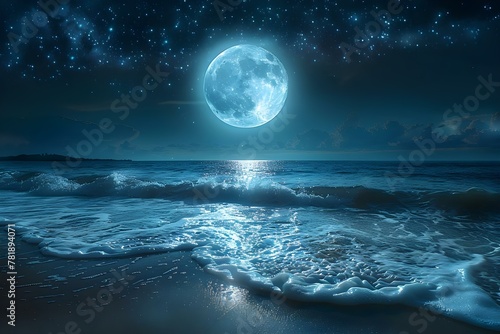 Starry Serenade: Moon's Waltz with Ocean Waves. Concept Night Sky Photography, Romantic Setting, Moonlit Reflections, Ocean Waves Dancing