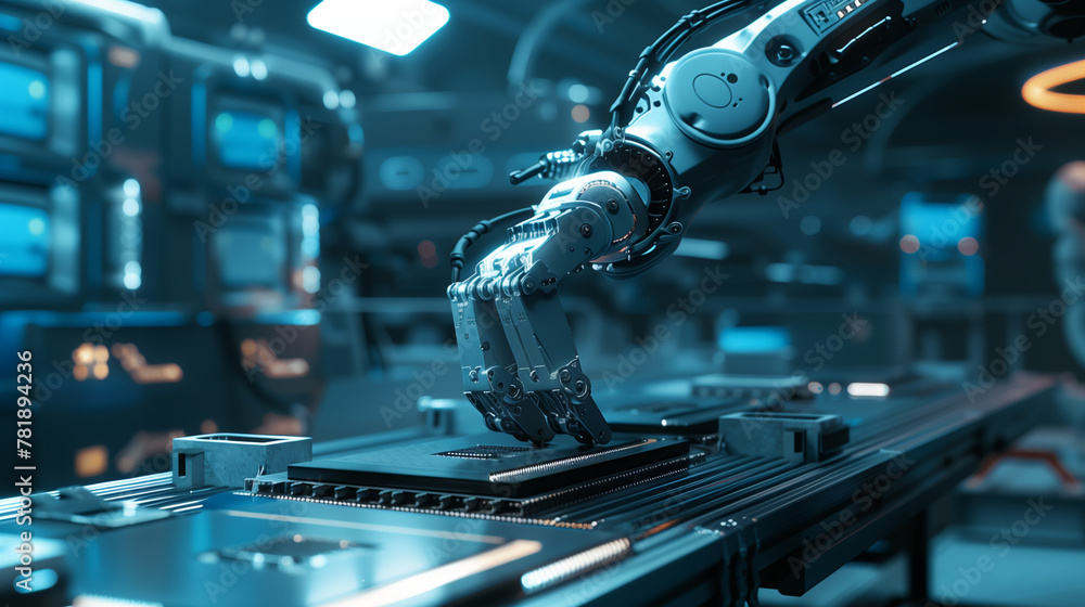 robot hand on electronic circuit board robot hand on electronic circuit board