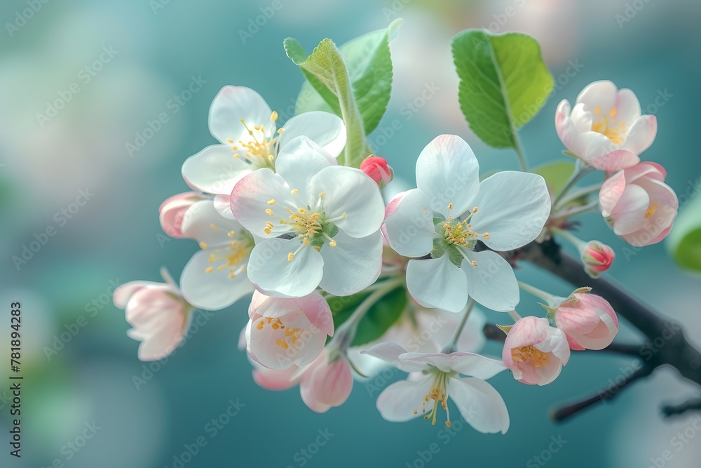 Obraz premium branch of a blossoming apple tree close-up, stock photo, in the style of light pink and dark indigo, minimalistic sketches of nature. Generative AI.