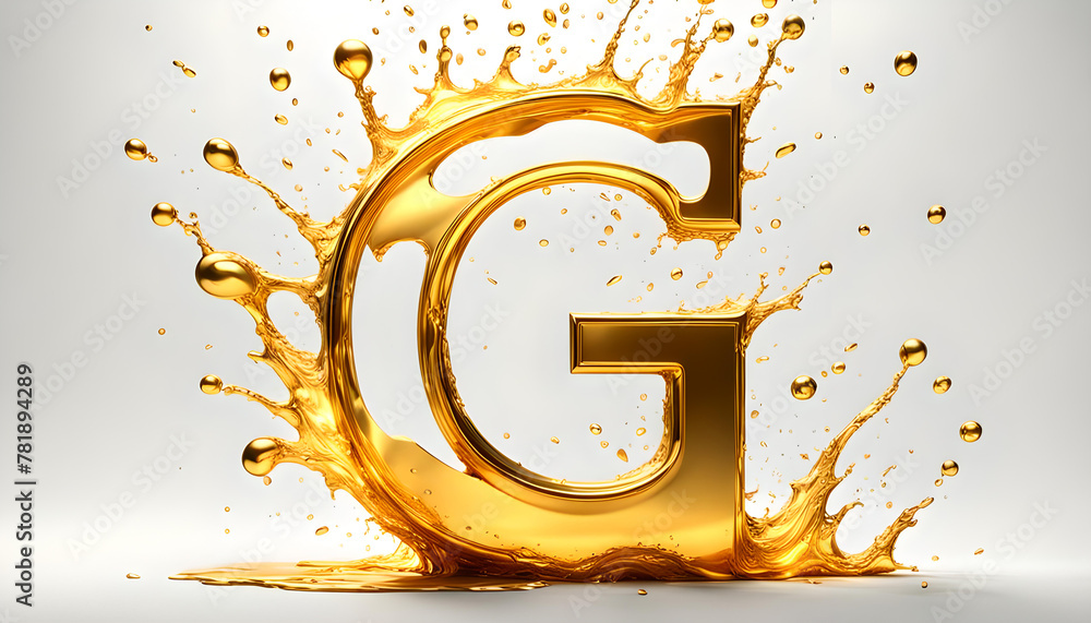 goldener großer Buchstabe G umspült von einer dynamisch bewegten Welle aus flüssigem Gold Spritzer, edel und leuchtend als Hintergrund und Vorlage für Gestaltung Symbol Logo 3D Metall