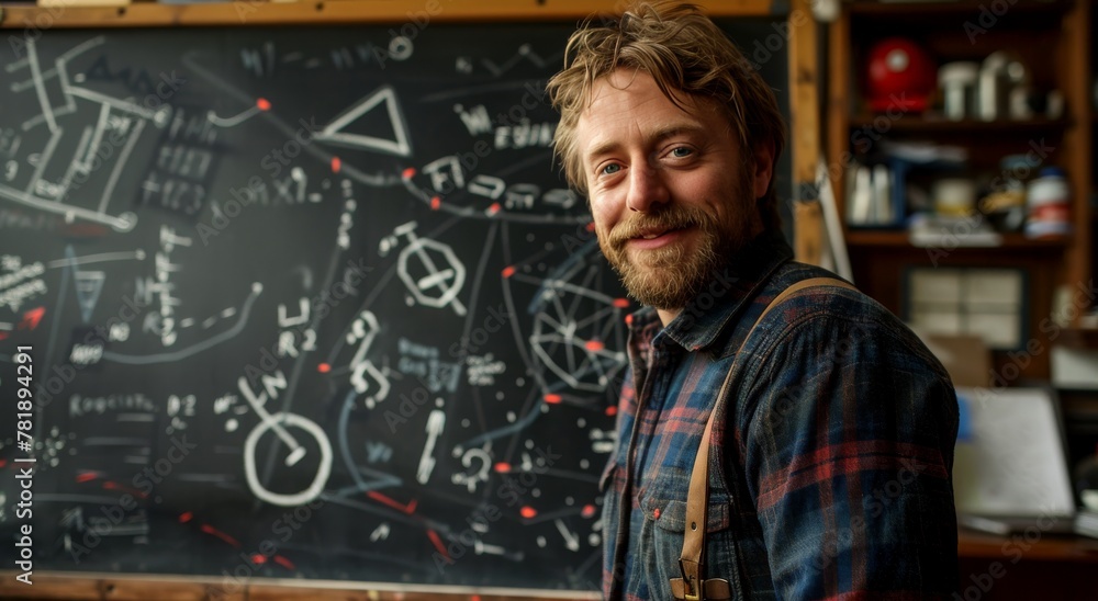 A male teacher Standing in Front of Chalkboard A male teacher Standing in Front of Chalkboard