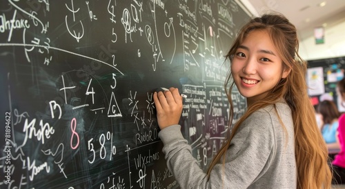 A female teacher Standing in Front of Blackboard Writing