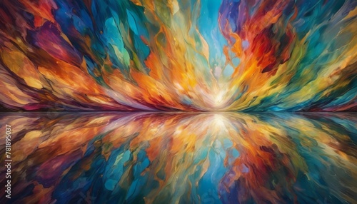 This digital art captures an explosive display of colors radiating from the center, suggesting energy and a dynamic mix of hues in a radial composition.. AI Generation