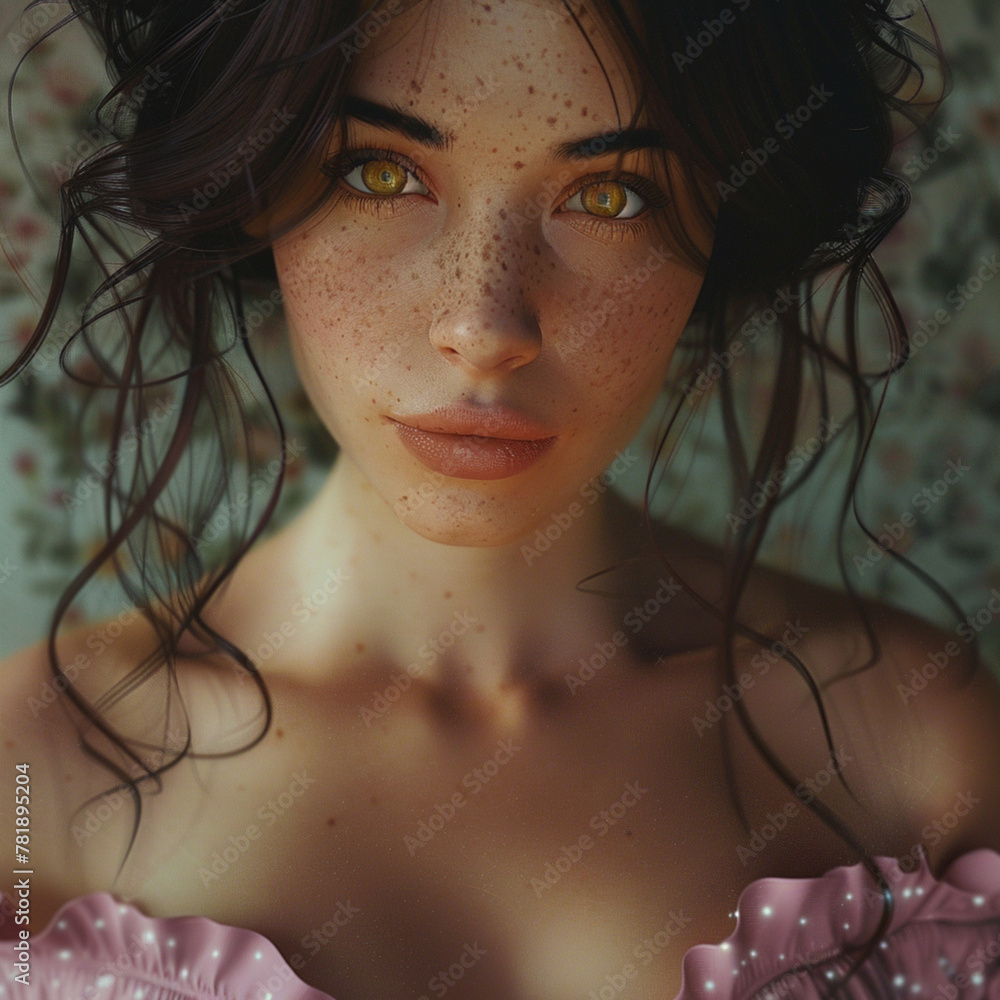 Girl, brunette, brown hair, yellow eyes, black eyebrows, freckled face, small nose, full lips, in a pink dress 