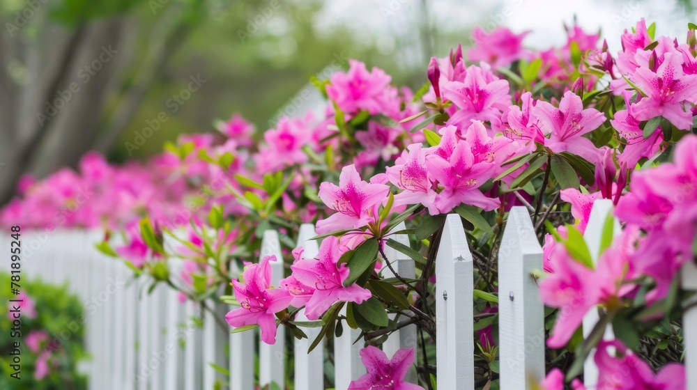 A vibrant photo of lush pink azaleas in full bloom, spilling over a quaint white picket fence, with a focus on the contrast between the vivid flowers and the crisp fence.