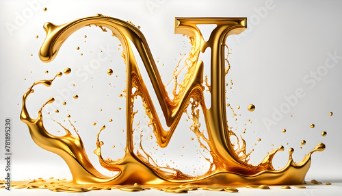 goldener großer Buchstabe M umspült von einer dynamisch bewegten Welle aus flüssigem Gold Spritzer, edel und leuchtend als Hintergrund und Vorlage für Gestaltung Symbol Logo 3D Metall