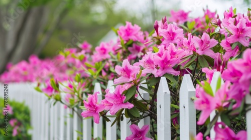 A vibrant photo of lush pink azaleas in full bloom  spilling over a quaint white picket fence  with a focus on the contrast between the vivid flowers and the crisp fence.