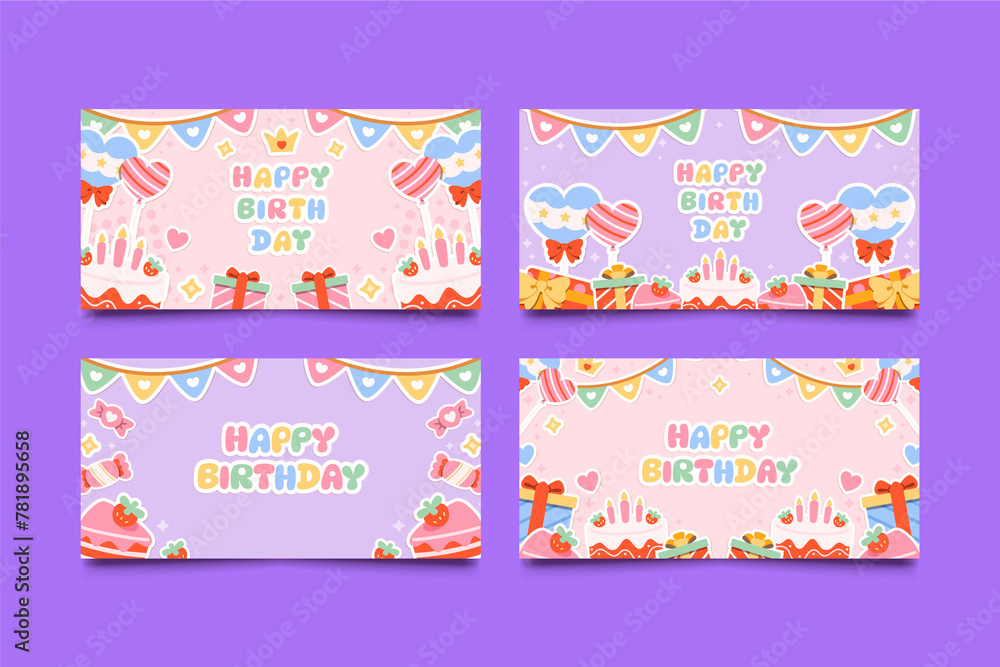 Colorful birthday stickers horizontal cards set collection