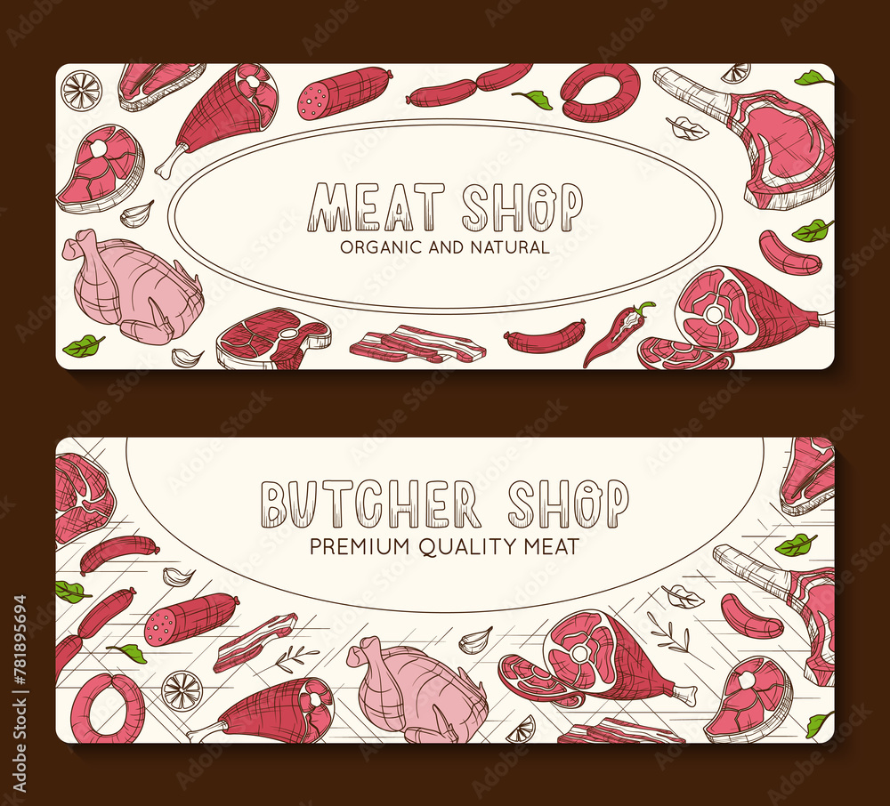 Naklejka premium Hand drawn butcher shop banner set