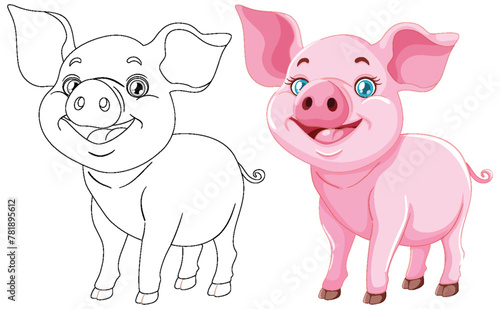 Vector illustration of a pig, black and white to color