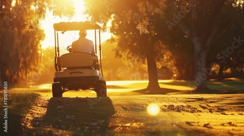 Golf cart on a fairway at sunset, ideal for sports and leisure themes.
