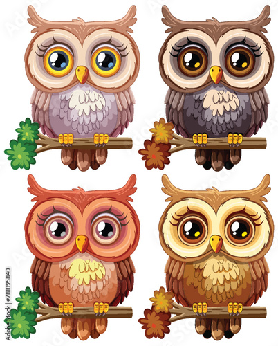 Four cute owls with big eyes perched on branches. © blueringmedia