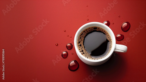 Cup of coffee espresso with drops of coffee on red background. Top view