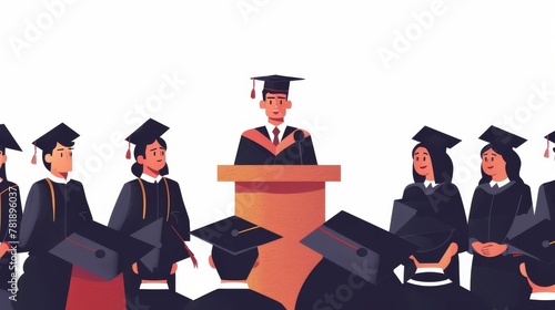 Artistic depiction of an academic celebration, speaker addressing graduates, for educational use.