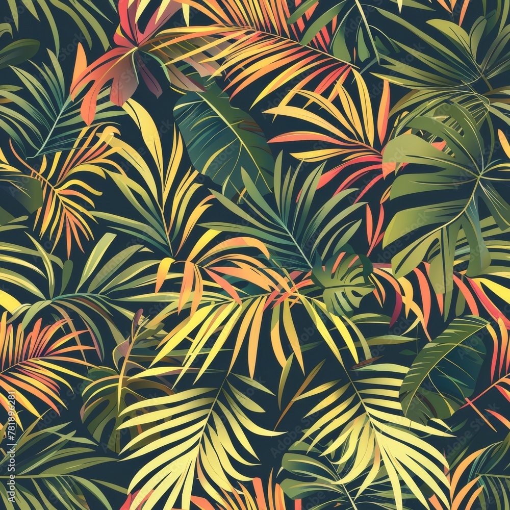 Seamless pattern of vibrant tropical leaves on a dark background, suitable for nature themes and textiles. Seamless pattern of vibrant tropical leaves on a dark background, suitable for nature themes and textiles.