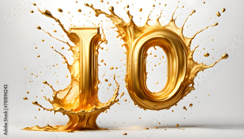 goldene große Zahl 10 umspült von einer dynamisch bewegten Welle aus flüssigem Gold Spritzer, edel und leuchtend als Hintergrund und Vorlage für Gestaltung Symbol Logo 3D Metall