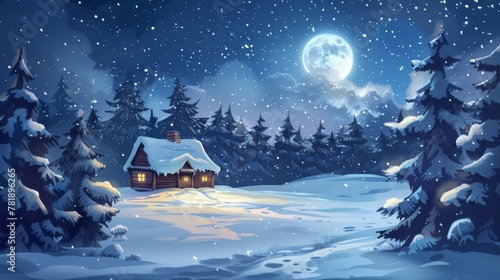 Cozy cabin in a snowy forest under a full moon, perfect for winter holiday and storybook themes.