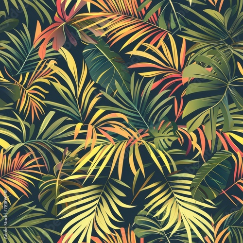 Seamless pattern of vibrant tropical leaves on a dark background, suitable for nature themes and textiles.
