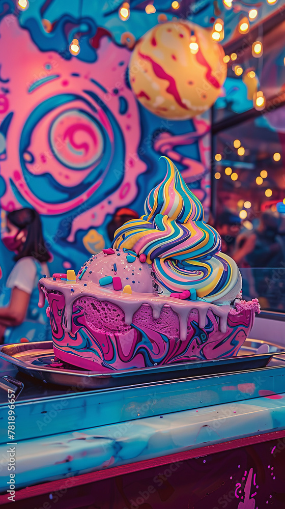 A colorful ice cream cone with rainbow sprinkles on top sits on a silver tray A colorful ice cream cone with rainbow sprinkles on top sits on a silver tray