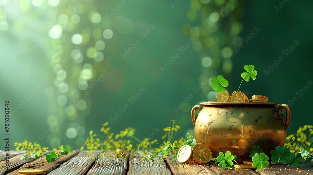 Captivating Business Presentation Scene: Glittering Gold Coins and Vibrant Green Clover on Wooden Table, text overlay, copy space Captivating Business Presentation Scene: Glittering Gold Coins and Vibrant Green Clover on Wooden Table, text overlay, copy space