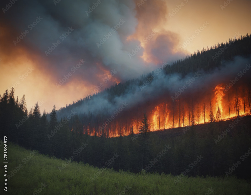 Raging Wildfire at Twilight with Heavy Smoke in the Forest
