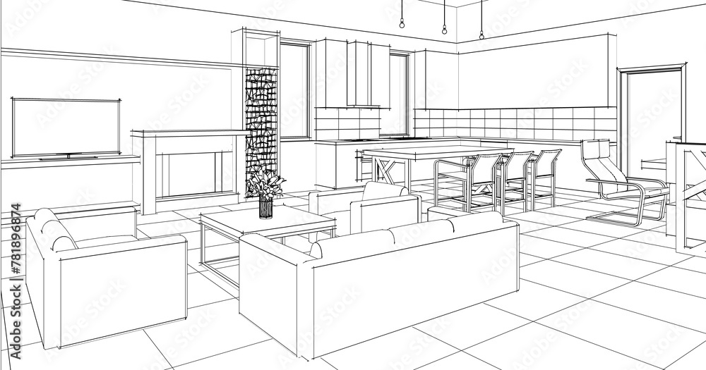 Fototapeta premium interior kitchen living room 3d illustration 