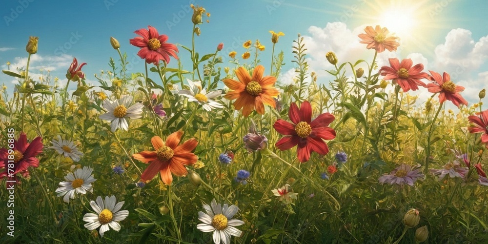 Beautiful summer meadow with daisies and chamomiles.