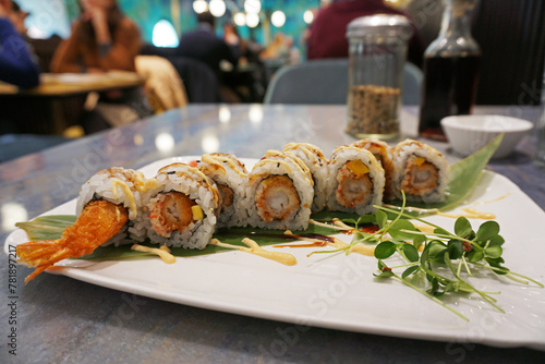 Close up Shrimp Tempura Sushi rolls- Japanese food