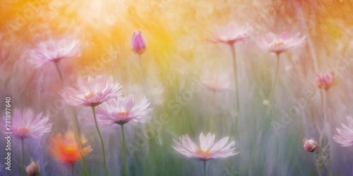 Colorful cosmos flowers in soft color and blur style for background.