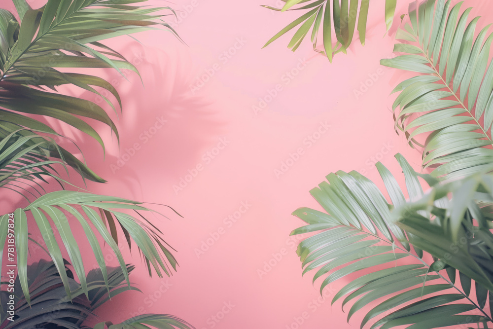 Slide background with tropical leaves framing on a pink painted wall. Background image. Created with Generative AI technology.