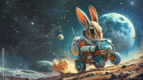 Cartoon rabbit astronaut moon adventure, racing rover, right upper text area photo