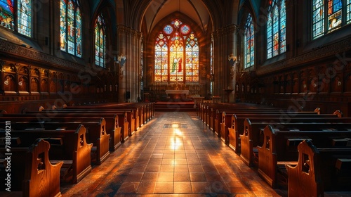 Churchs calm sanctuary on Holy Saturday, in quiet anticipation of Easters light photo