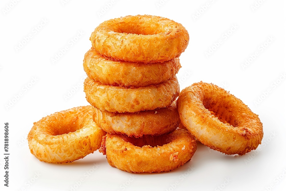 Plentiful stack of golden onion rings, crispy and delightful, against white Plentiful stack of golden onion rings, crispy and delightful, against white
