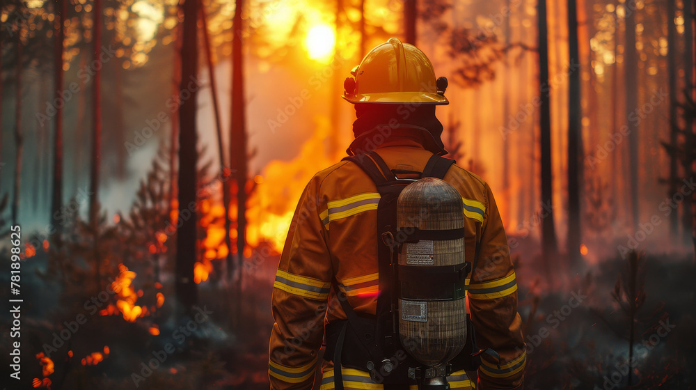 Firefighter on the background of the fire view from the back