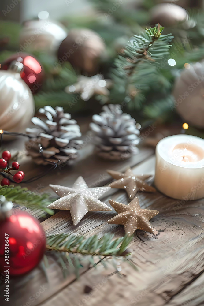 Christmas tree branch decorations on a wooden table. Generative ai design concept art. Christmas tree branch decorations on a wooden table. Generative ai design concept art.