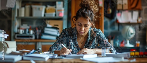 Tax season workspace with woman filling forms  cluttered desk  sharp focus  right side for copy