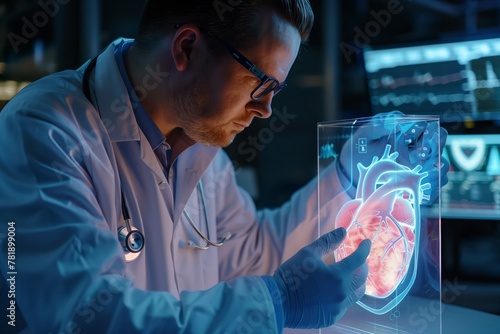 Health tech professional examining heart image