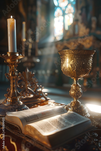 Bible and chalice in a church